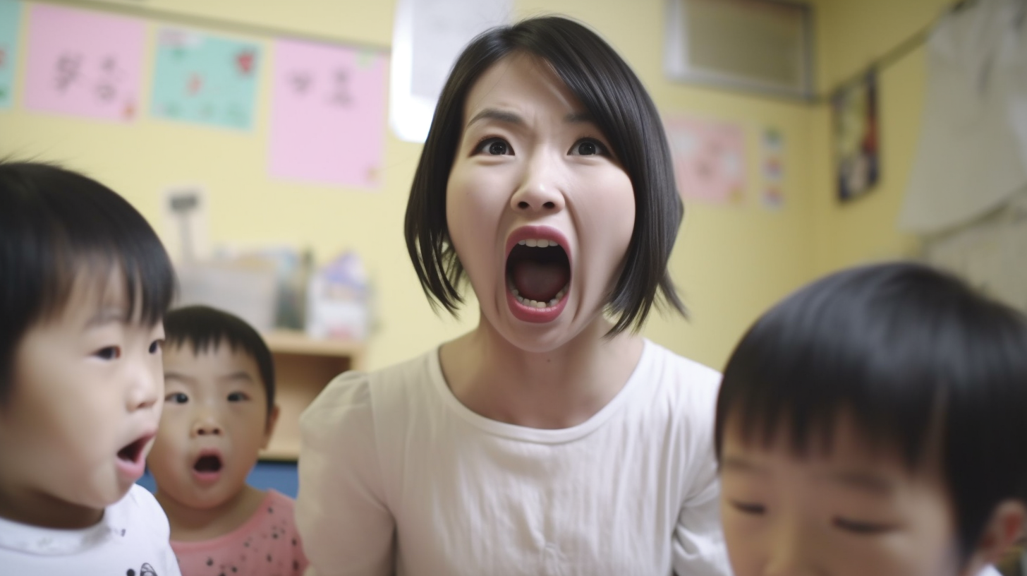幼稚園で子供たちに向けて叫ぶ女性の写真