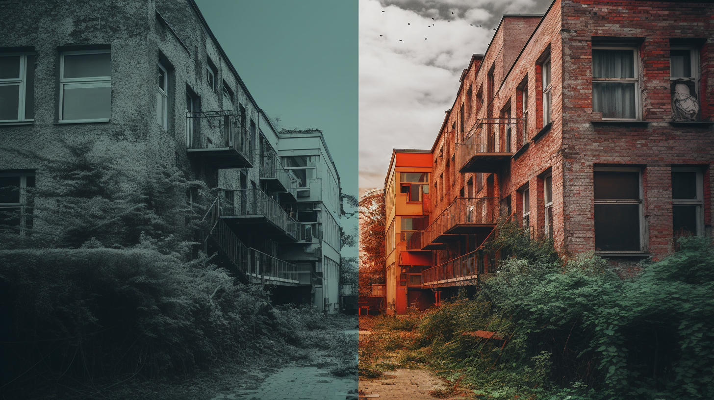 右と左でまったく色見の違う街の画像