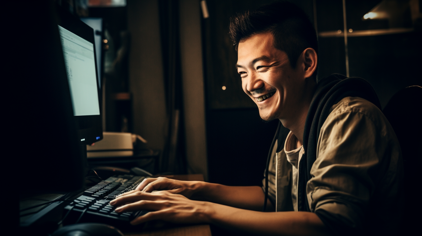 うれしそうな笑顔でパソコンに入力する40代の男性