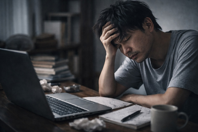 パソコンの前で頭を抱える男性