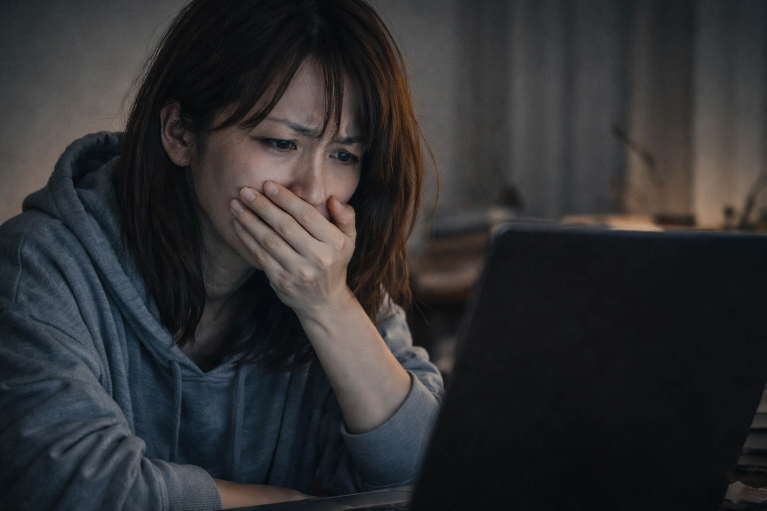 パソコンの画面を見ながら口に手を当てて繭をしかめる女性